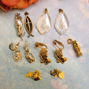 VINTAGE Religious Charm Earring Lot: Praying Hands, Ichthys, Faith Hope Charity